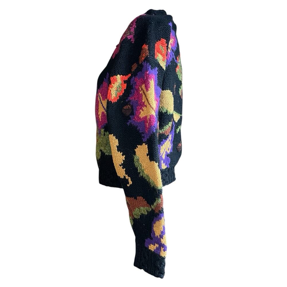 Woolrich Woman VTG Wool Mohair Sweater M Black Colorful Leaf Acorn Fall Knit - Picture 3 of 10